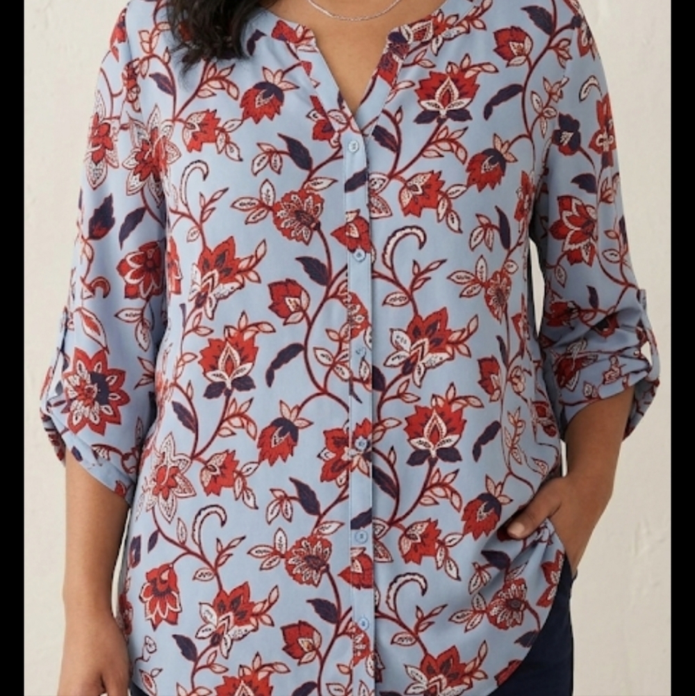 Catherines Button-Front 3X Floral Tunic Red Print Cottagecore